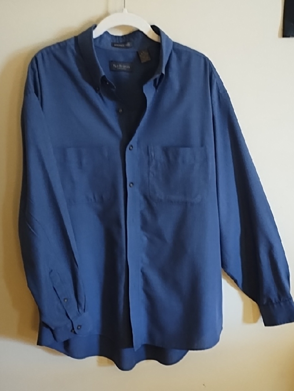 VANHEUSEN WRINKLE-FREE DARK BLUE & WHITE SMALL CHECK MEN'S SHIRT SZ L 16-16 1/2.